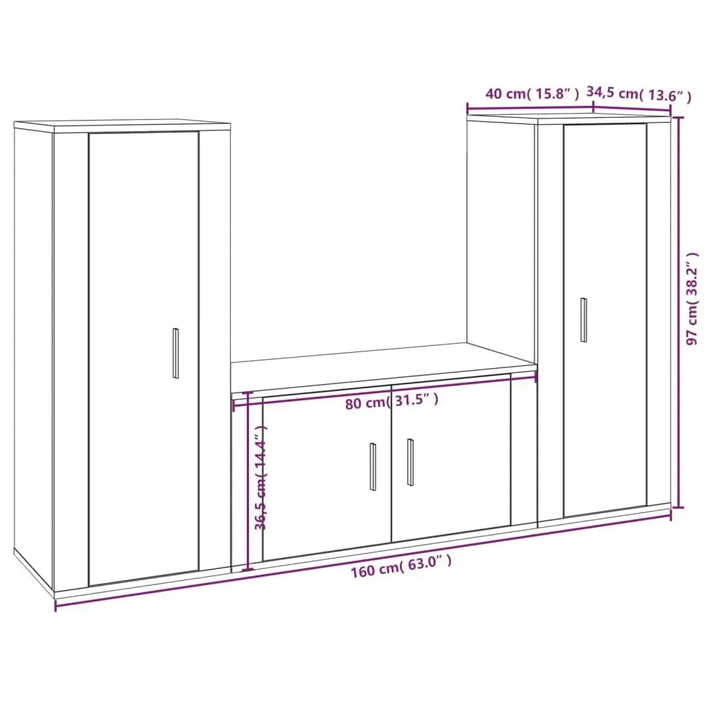 3 Piece TV Cabinet Set Smoked Oak Engineered Wood 3188755