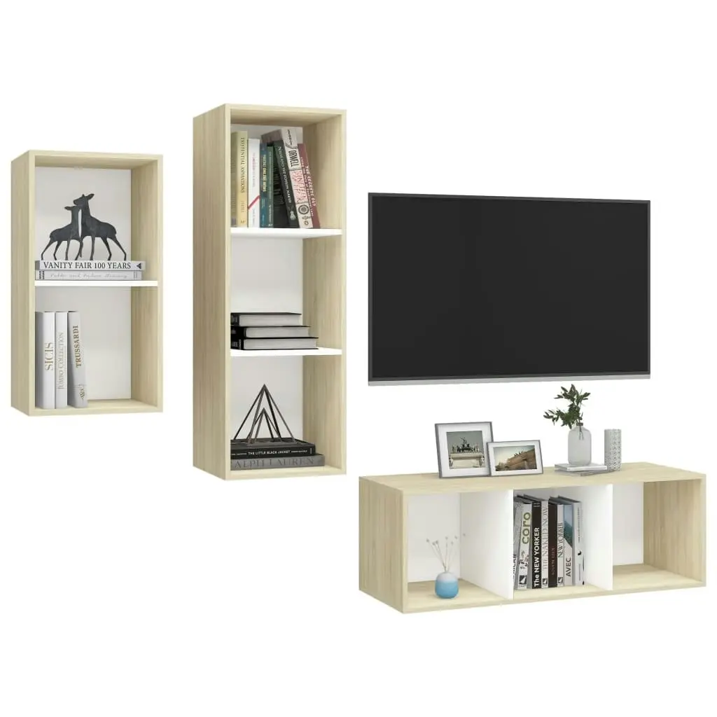 3 Piece TV Cabinet Set White and Sonoma Oak Engineered Wood 3079633