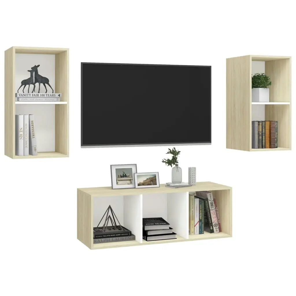 3 Piece TV Cabinet Set White and Sonoma Oak Engineered Wood 3079741