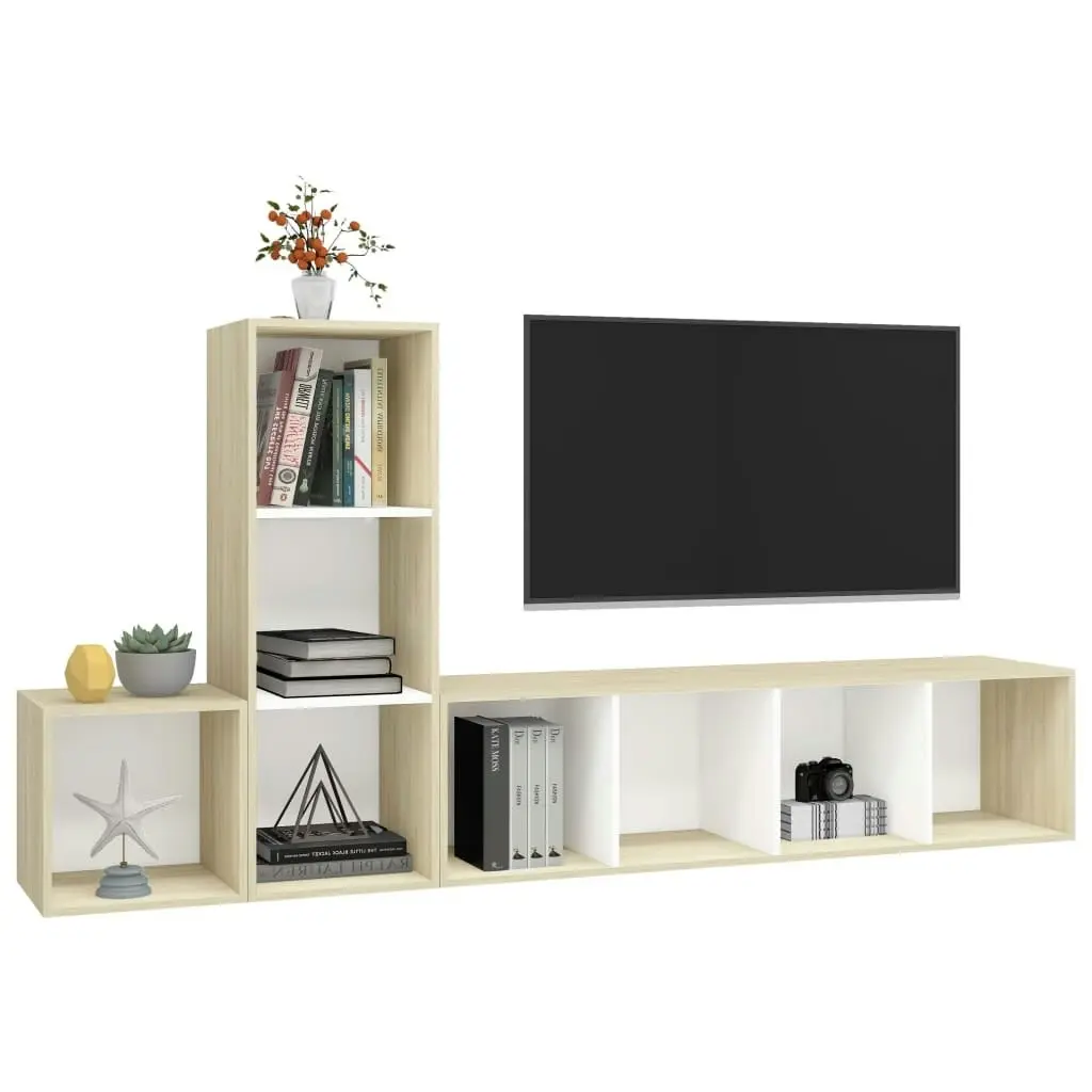 3 Piece TV Cabinet Set White and Sonoma Oak Engineered Wood 3079831