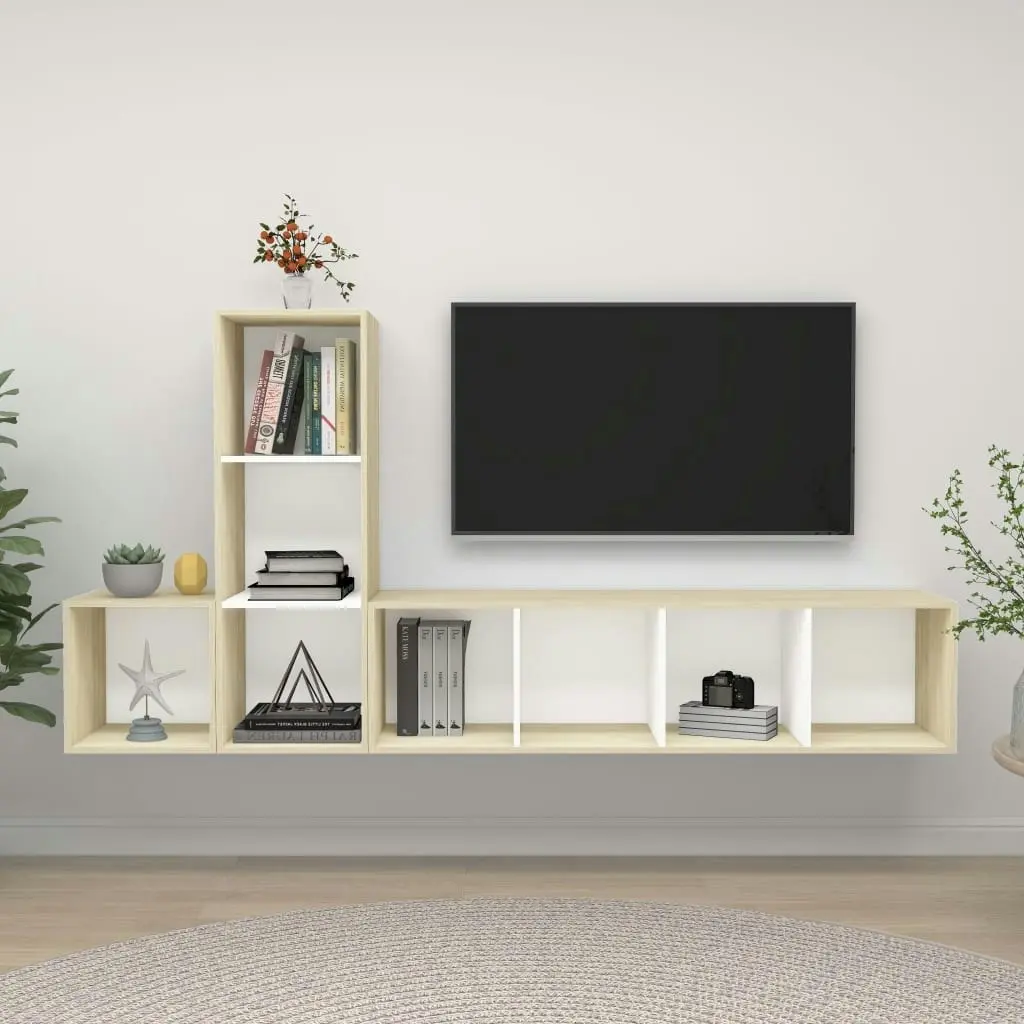 3 Piece TV Cabinet Set White and Sonoma Oak Engineered Wood 3079831