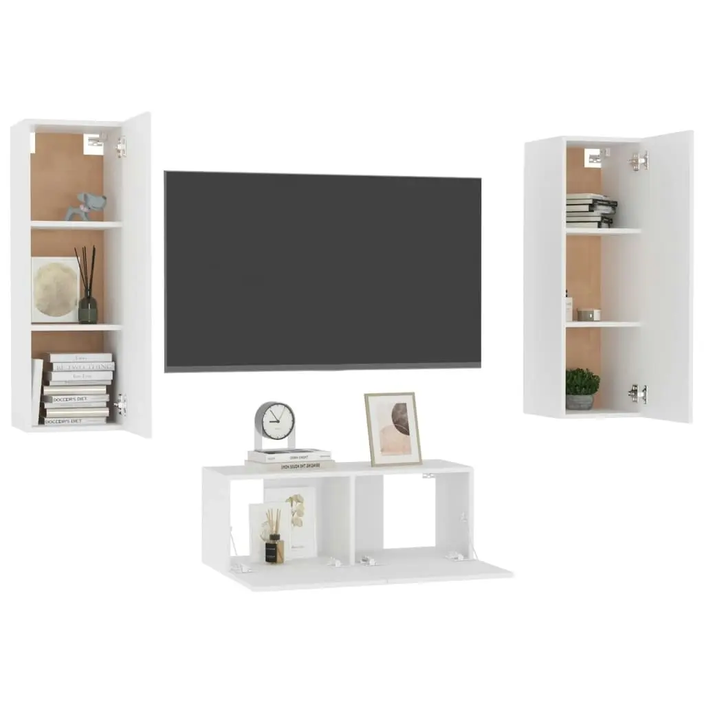 3 Piece TV Cabinet Set White Engineered Wood 3078658