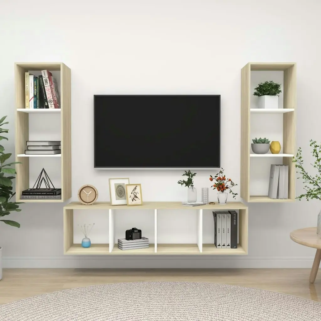 3 Piece TV Cabinet Set White and Sonoma Oak Engineered Wood 3079750