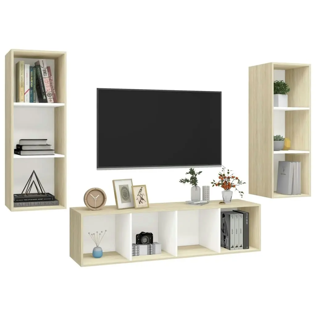 3 Piece TV Cabinet Set White and Sonoma Oak Engineered Wood 3079750