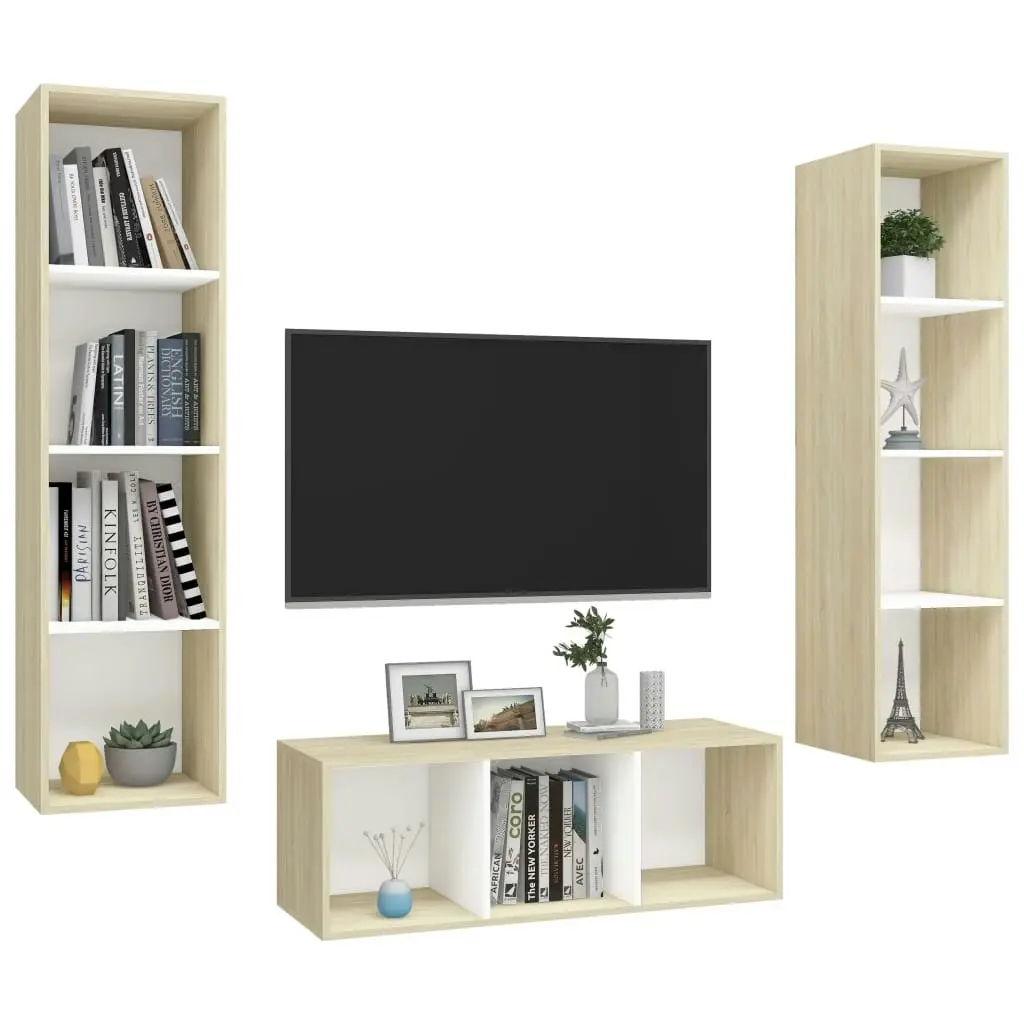 3 Piece TV Cabinet Set White and Sonoma Oak Engineered Wood 3079759