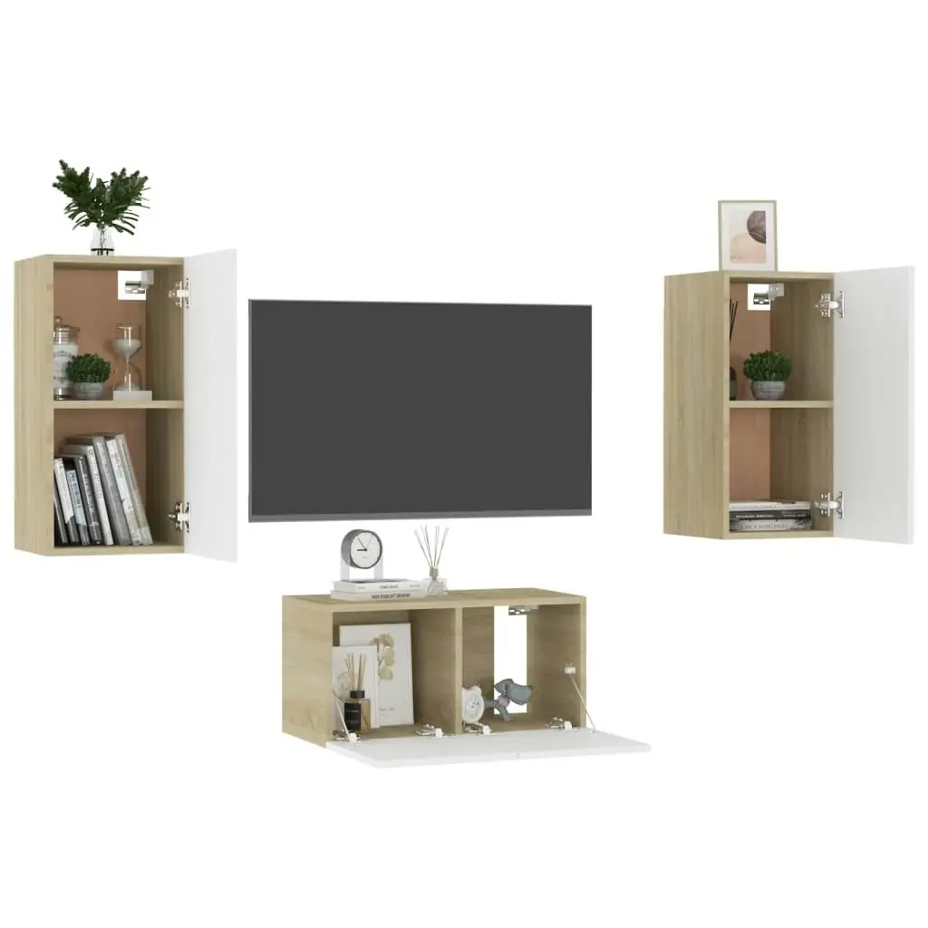 3 Piece TV Cabinet Set White and Sonoma Oak Engineered Wood 3079182