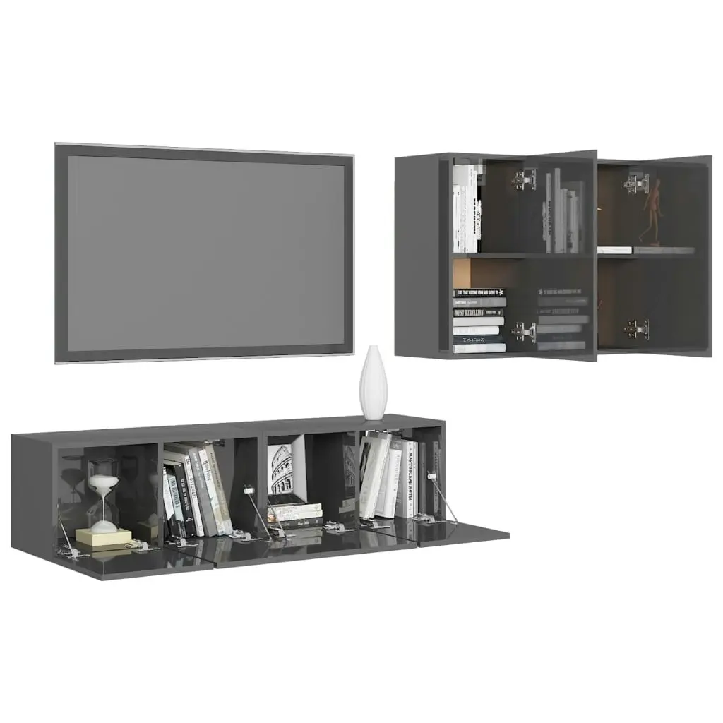 4 Piece TV Cabinet Set High Gloss Grey Engineered Wood 3079525