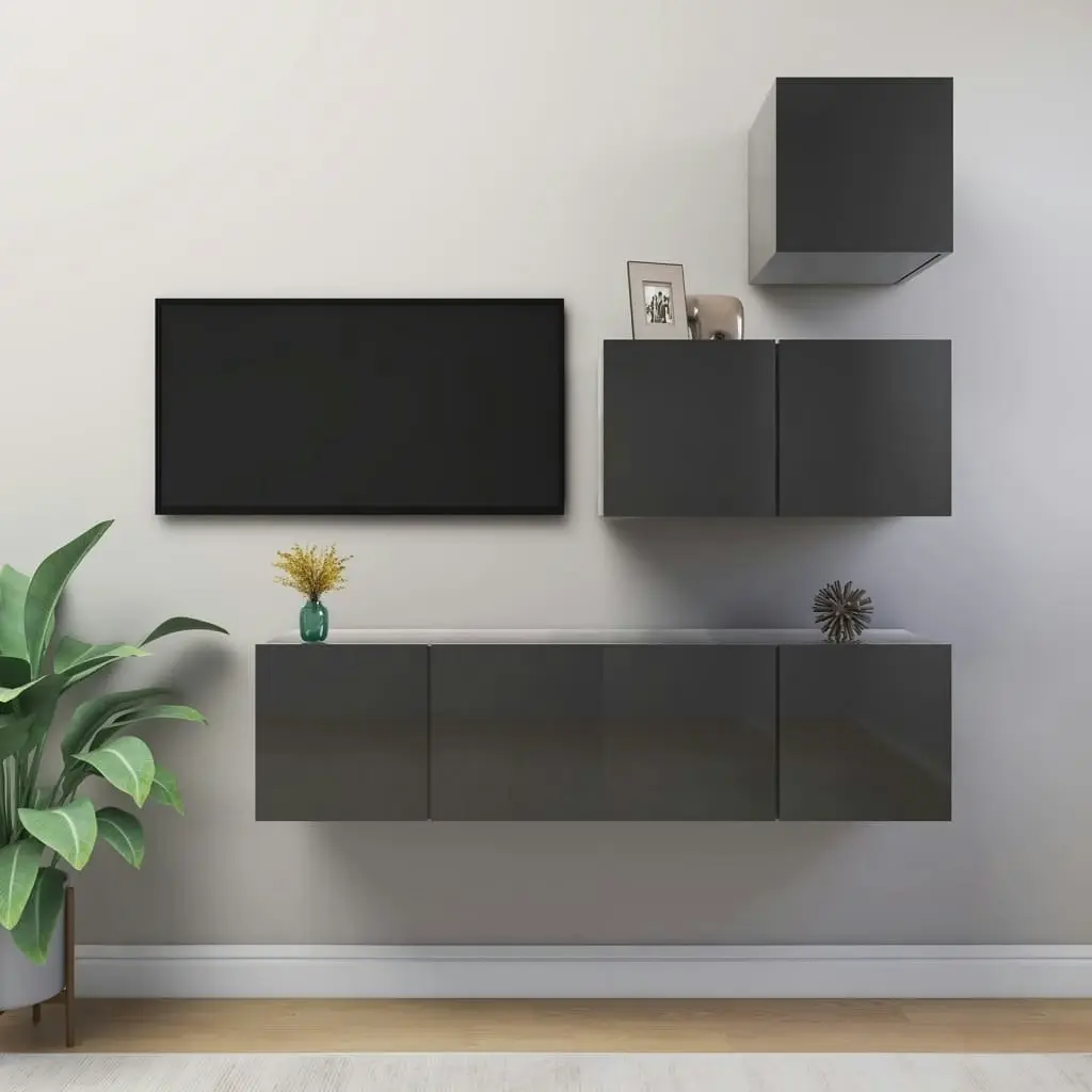 4 Piece TV Cabinet Set High Gloss Grey Engineered Wood 3079574