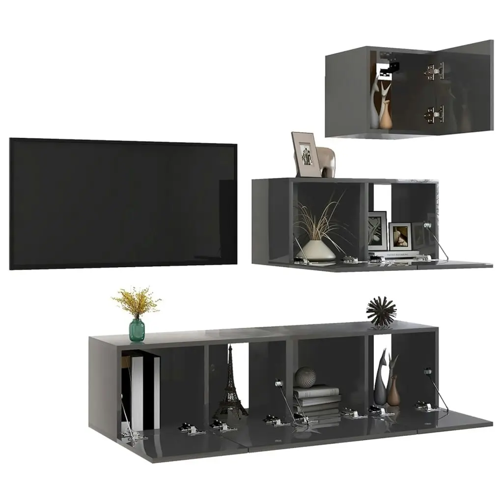 4 Piece TV Cabinet Set High Gloss Grey Engineered Wood 3079574