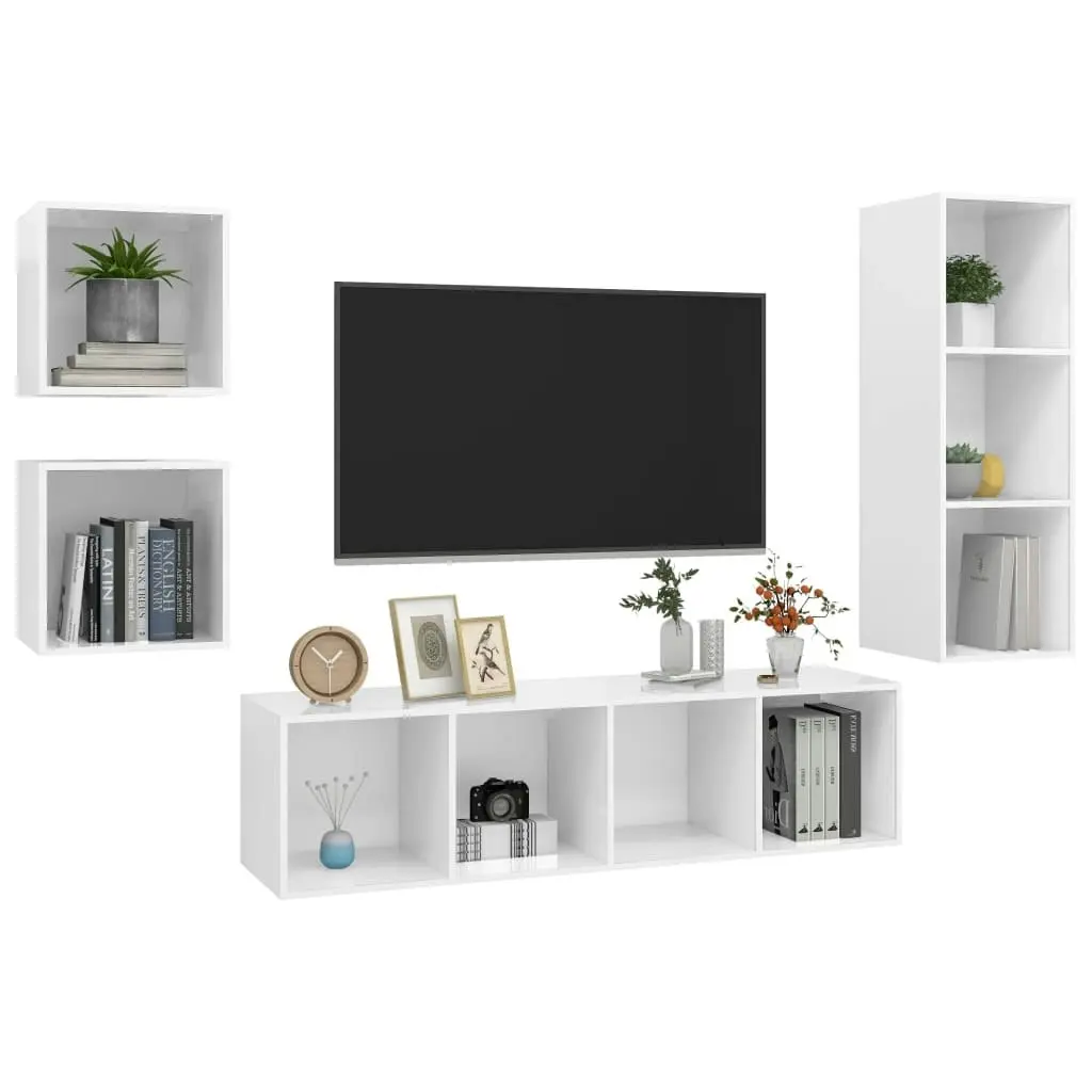 4 Piece TV Cabinet Set High Gloss White Engineered Wood 3079778