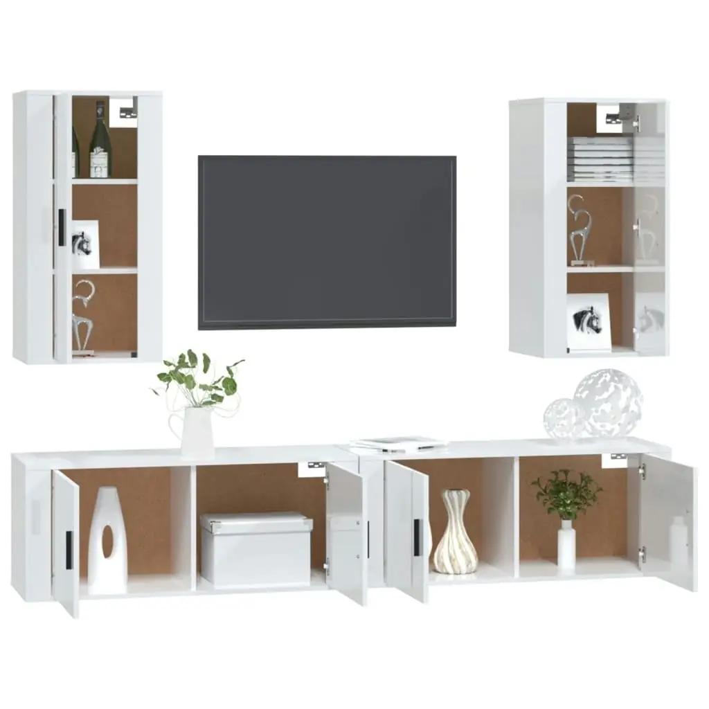 4 Piece TV Cabinet Set High Gloss White Engineered Wood 3188696