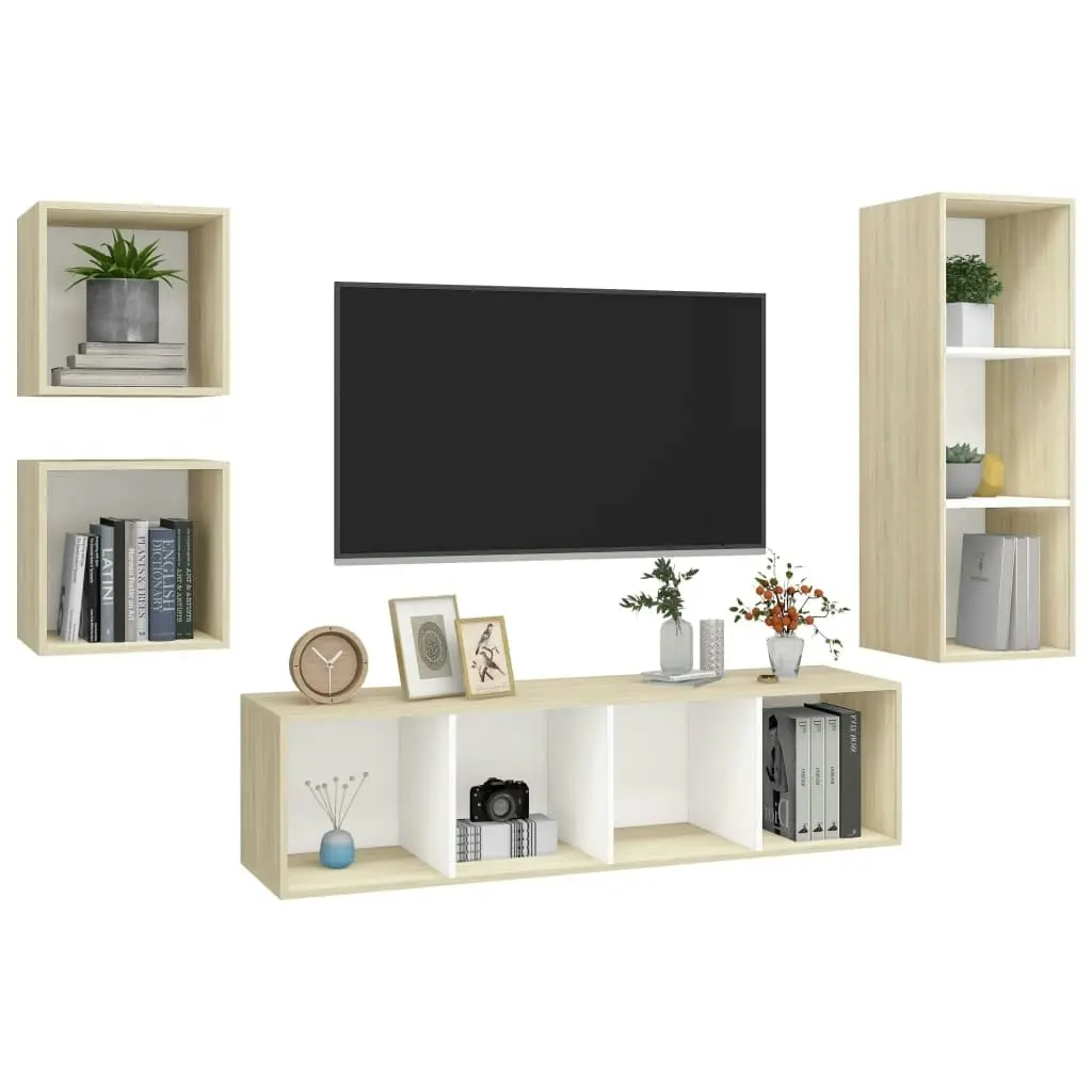 4 Piece TV Cabinet Set White and Sonoma Oak Engineered Wood 3079777