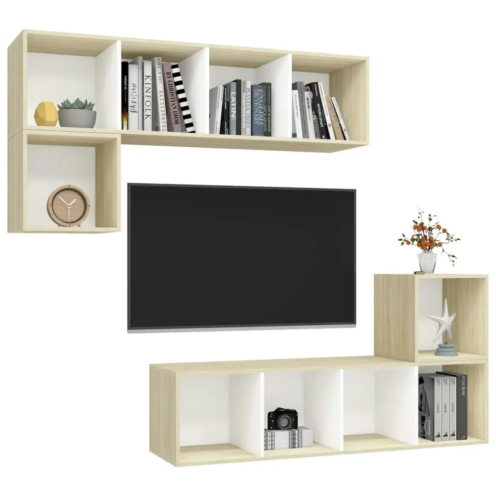 4 Piece TV Cabinet Set White and Sonoma Oak Engineered Wood 3079813