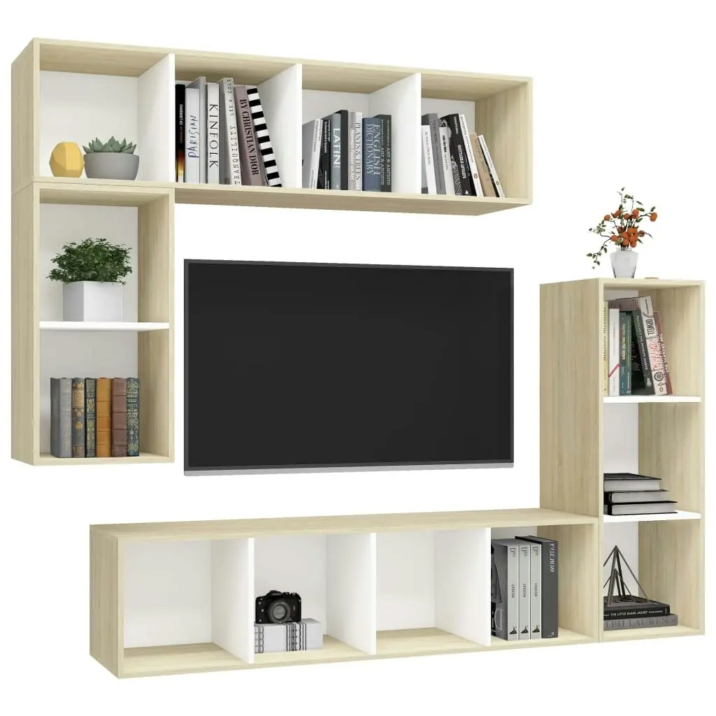 4 Piece TV Cabinet Set White and Sonoma Oak Engineered Wood ??805476+805485+2x805494) 3079822