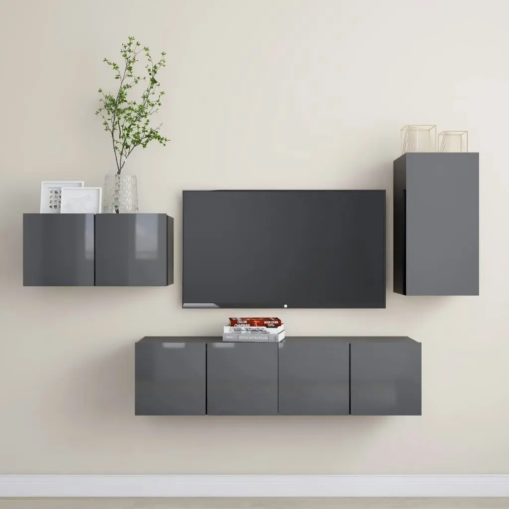 4 Piece TV Cabinet Set High Gloss Grey Engineered Wood 3079517