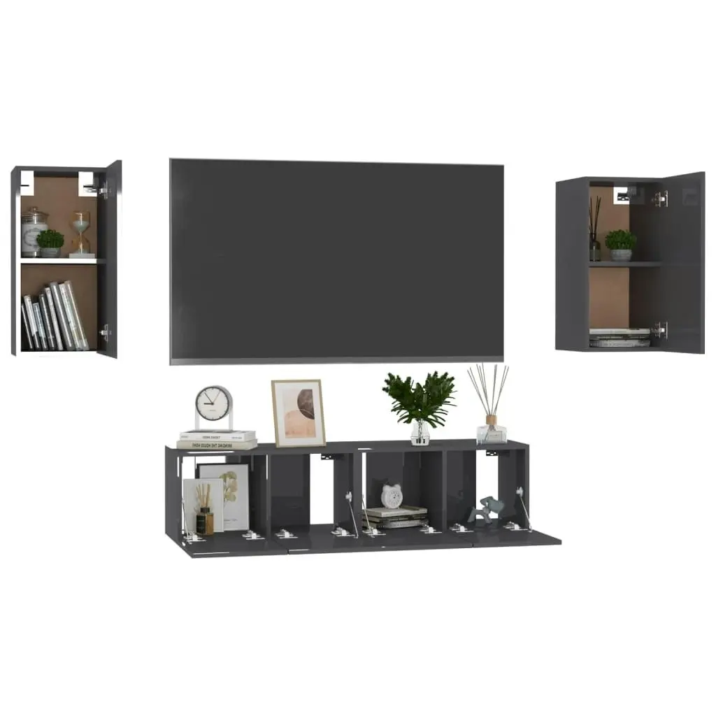 4 Piece TV Cabinet Set High Gloss Grey Engineered Wood 3079482