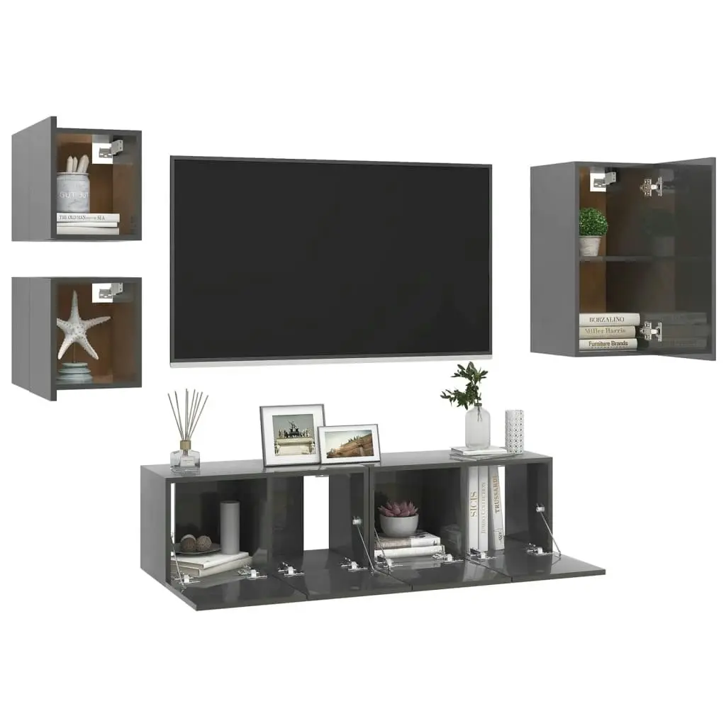 5 Piece TV Cabinet Set High Gloss Grey Engineered Wood 3079535