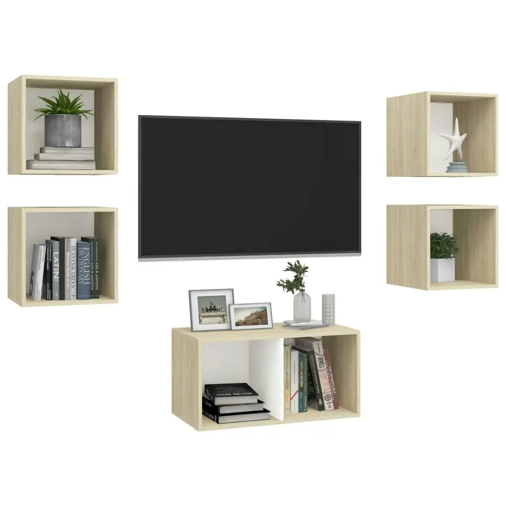 5 Piece TV Cabinet Set White and Sonoma Oak Engineered Wood 3079606