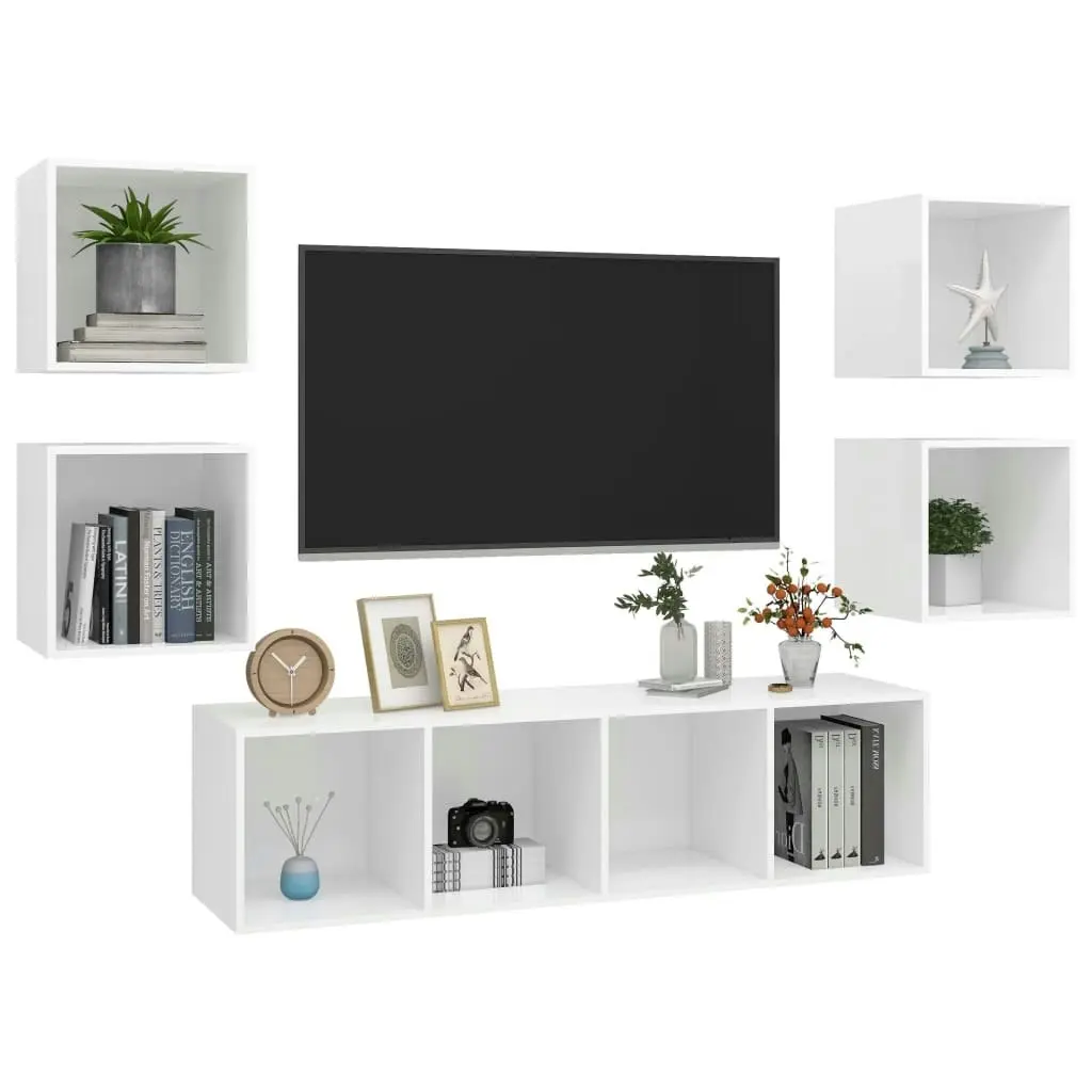 5 Piece TV Cabinet Set White Engineered Wood 3079619