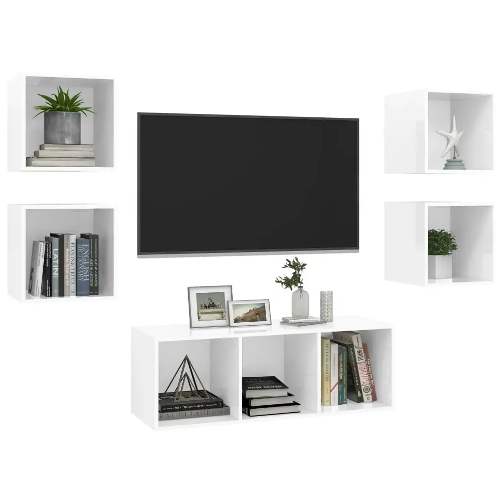 5 Piece TV Cabinet Set High Gloss White Engineered Wood 3079616