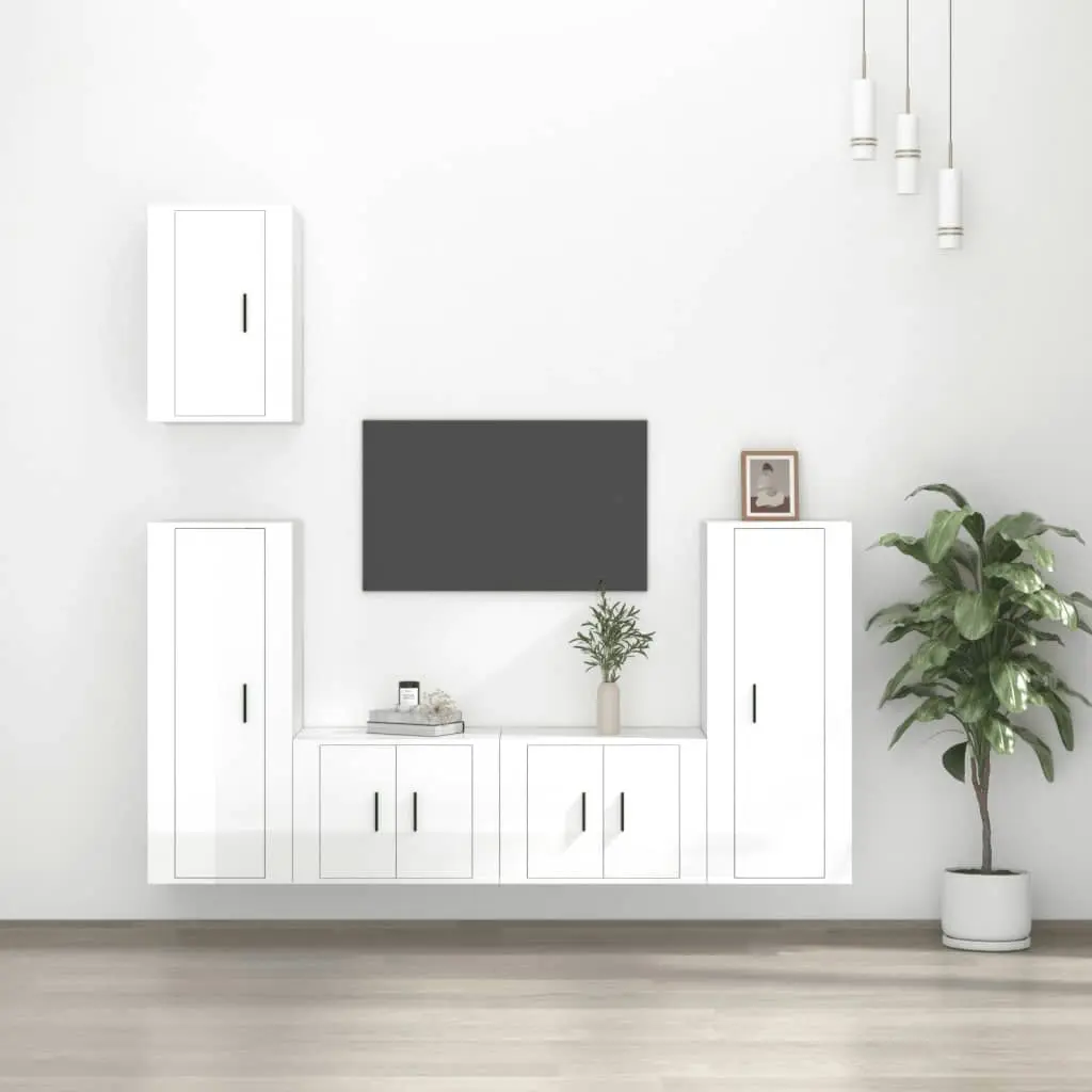 5 Piece TV Cabinet Set High Gloss White Engineered Wood 3188776