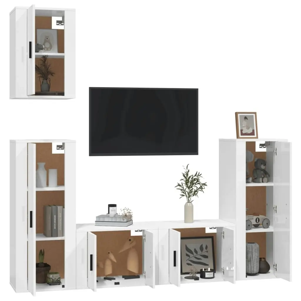 5 Piece TV Cabinet Set High Gloss White Engineered Wood 3188776