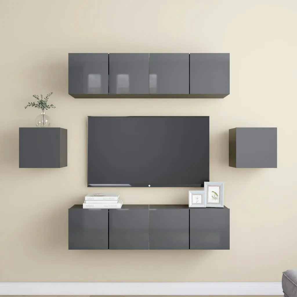 6 Piece TV Cabinet Set High Gloss Grey Engineered Wood 3079522