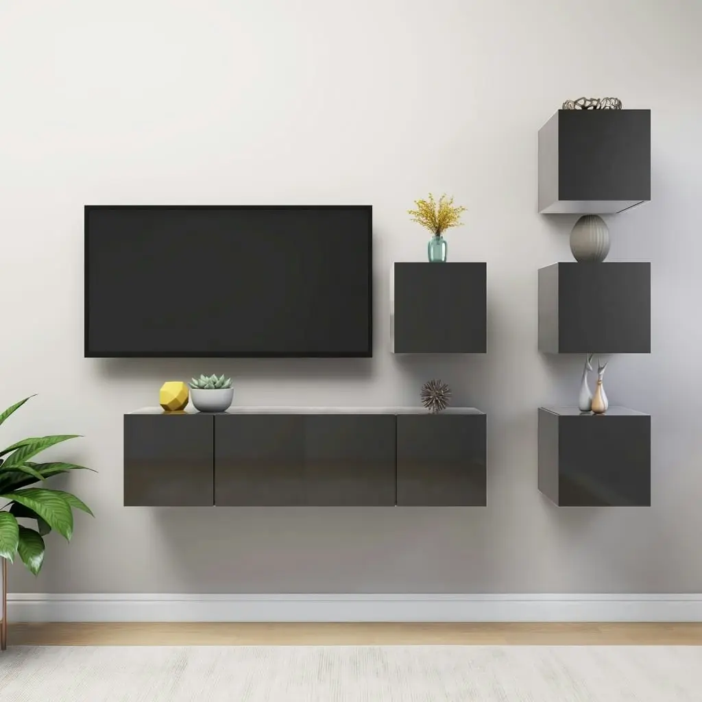 6 Piece TV Cabinet Set High Gloss Grey Engineered Wood 3079560