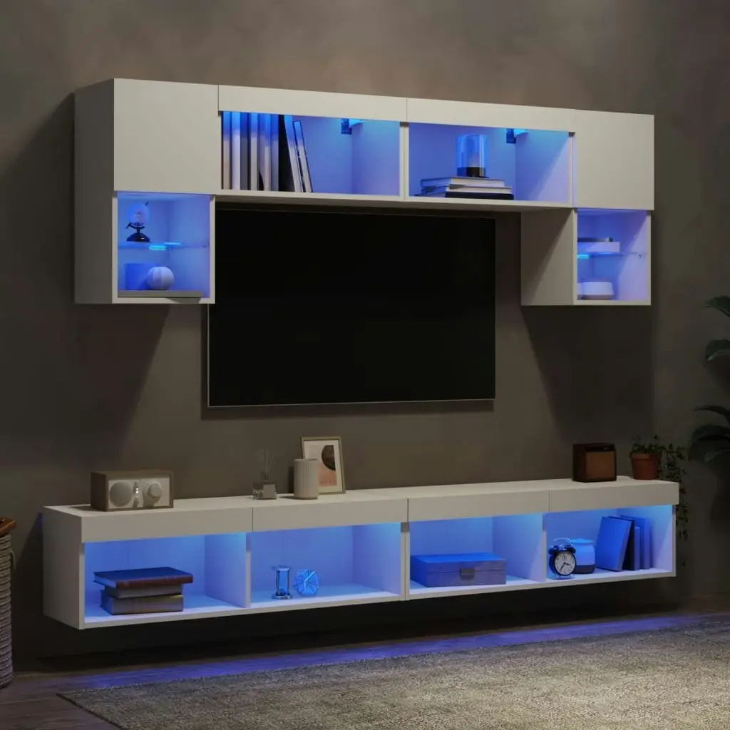 6 Piece TV Wall Units with LED White Engineered Wood 3216704