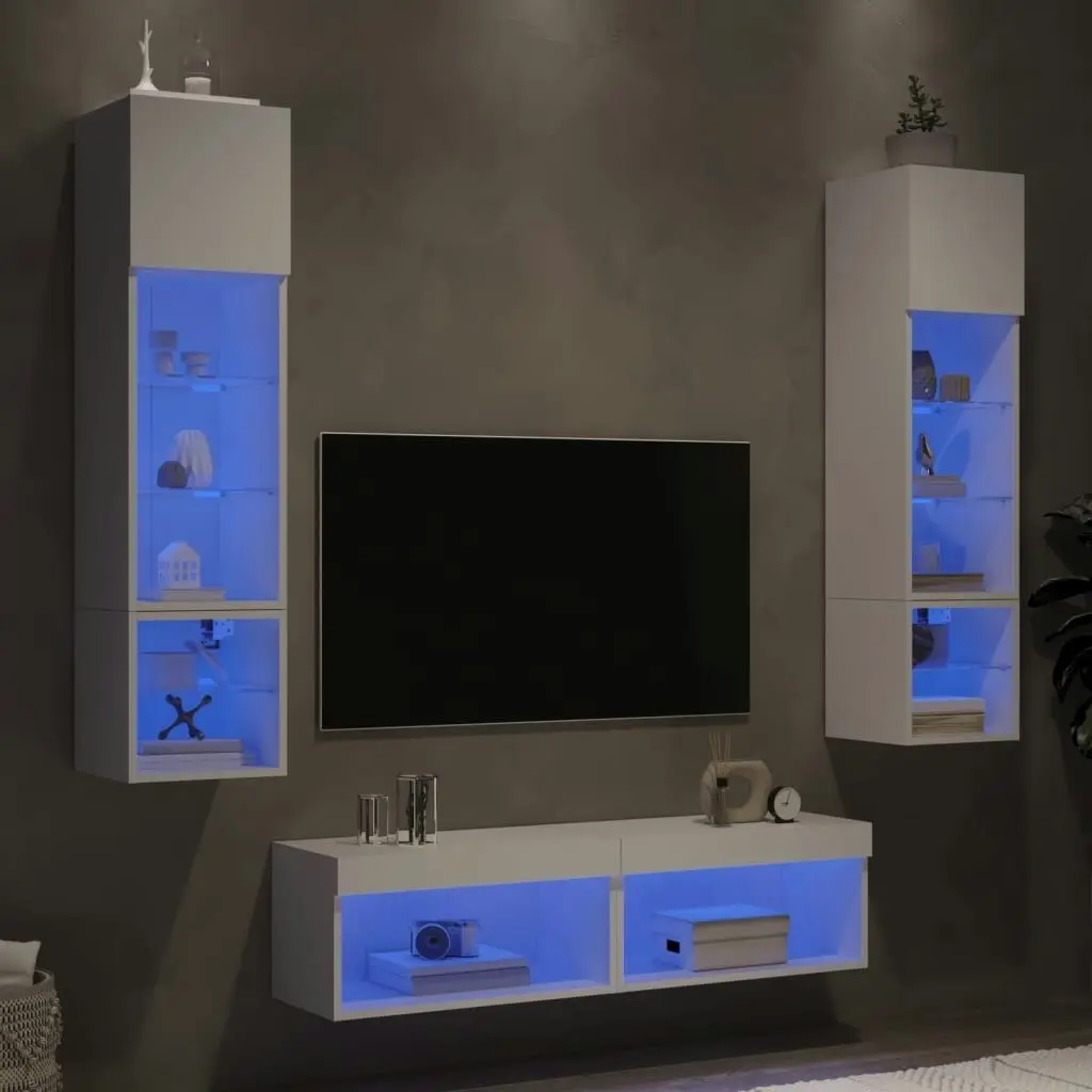 6 Piece TV Wall Units with LED White Engineered Wood 3216622