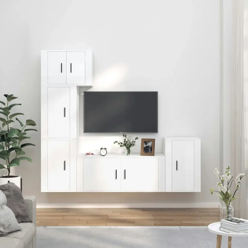 5 Piece TV Cabinet Set High Gloss White Engineered Wood 3188632