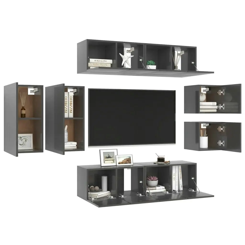 8 Piece TV Cabinet Set High Gloss Grey Engineered Wood 3079544