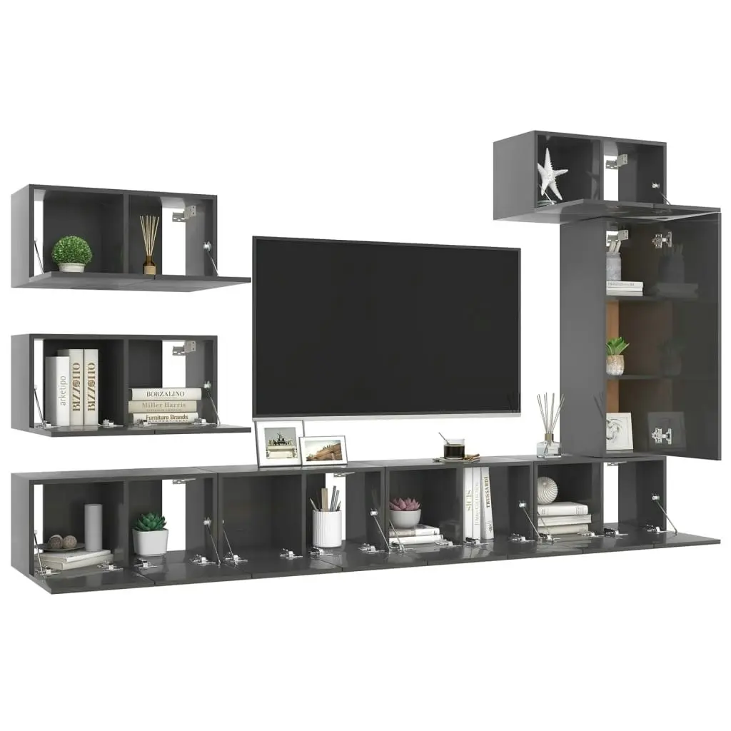 8 Piece TV Cabinet Set High Gloss Grey Engineered Wood 3079556