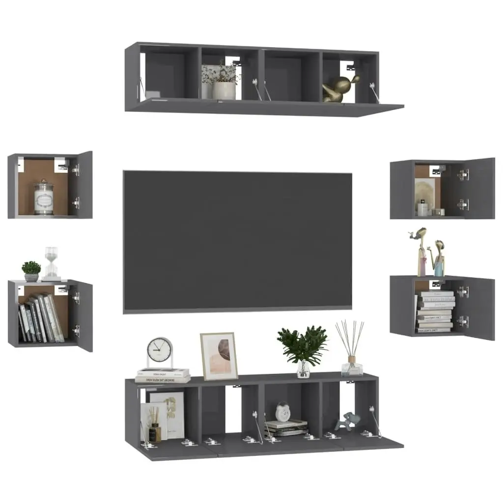 8 Piece TV Cabinet Set High Gloss Grey Engineered Wood 3079486