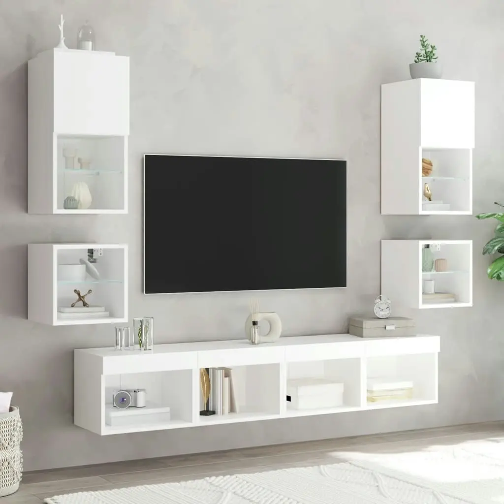 8 Piece TV Wall Units with LED White Engineered Wood 3216590