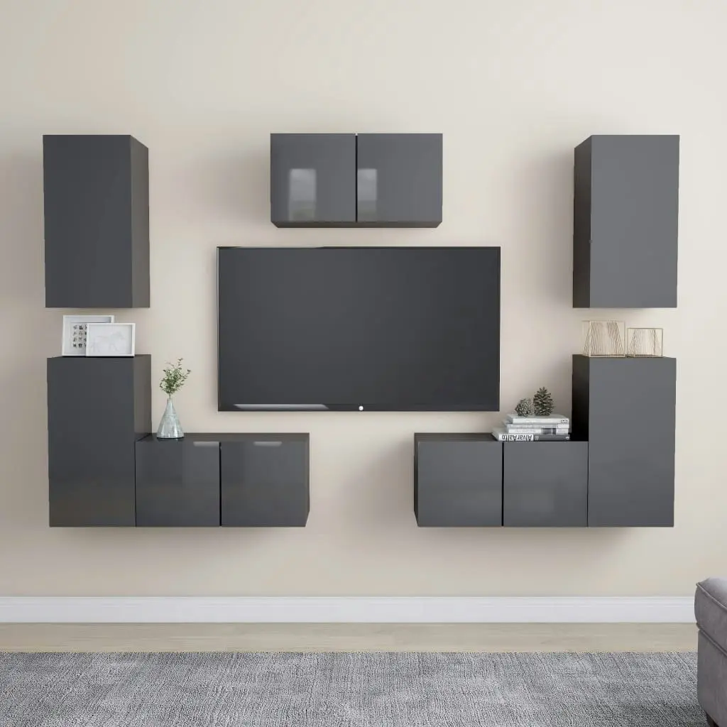 7 Piece TV Cabinet Set High Gloss Grey Engineered Wood 3079511