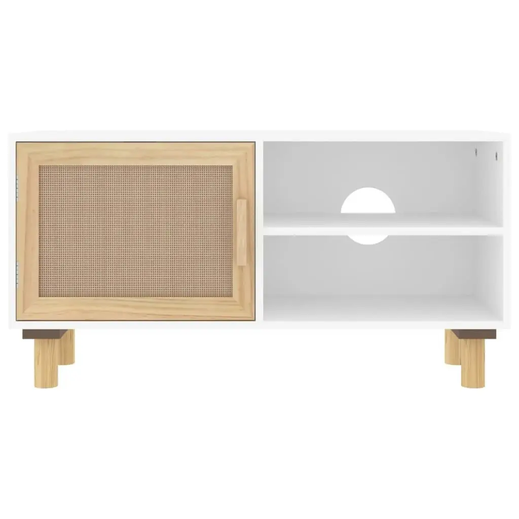 TV Cabinet White 80x30x40 cm Solid Wood Pine and Natural Rattan 345612