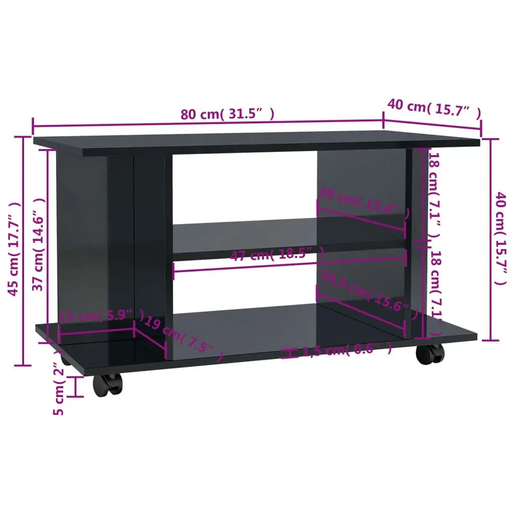 TV Cabinet with Castors High Gloss Black 80x40x40 cm Engineered Wood 800196