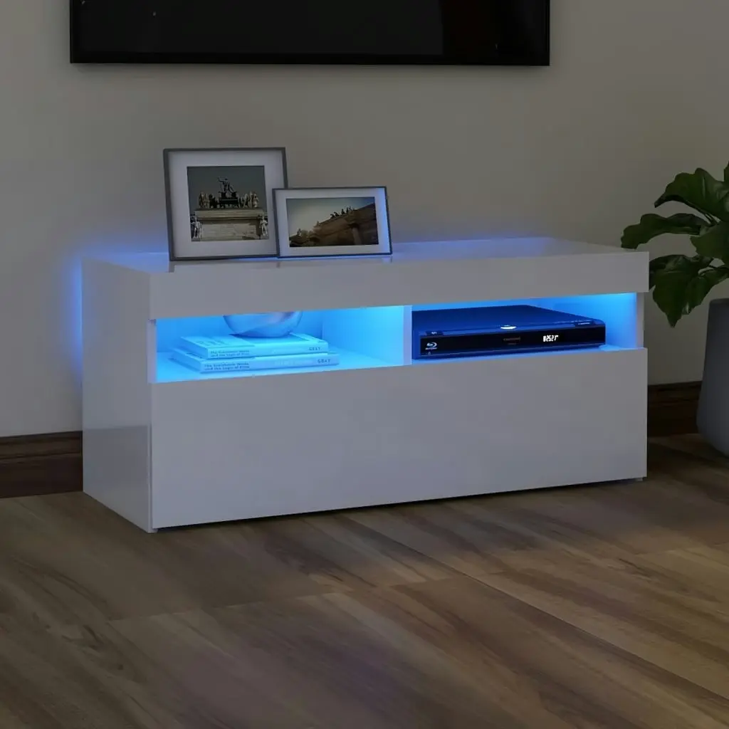 TV Cabinet with LED Lights High Gloss White 90x35x40 cm 804388