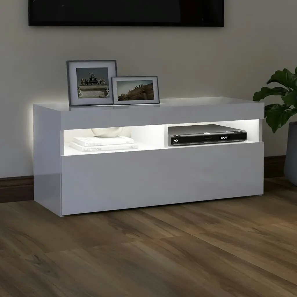 TV Cabinet with LED Lights High Gloss White 90x35x40 cm 804388