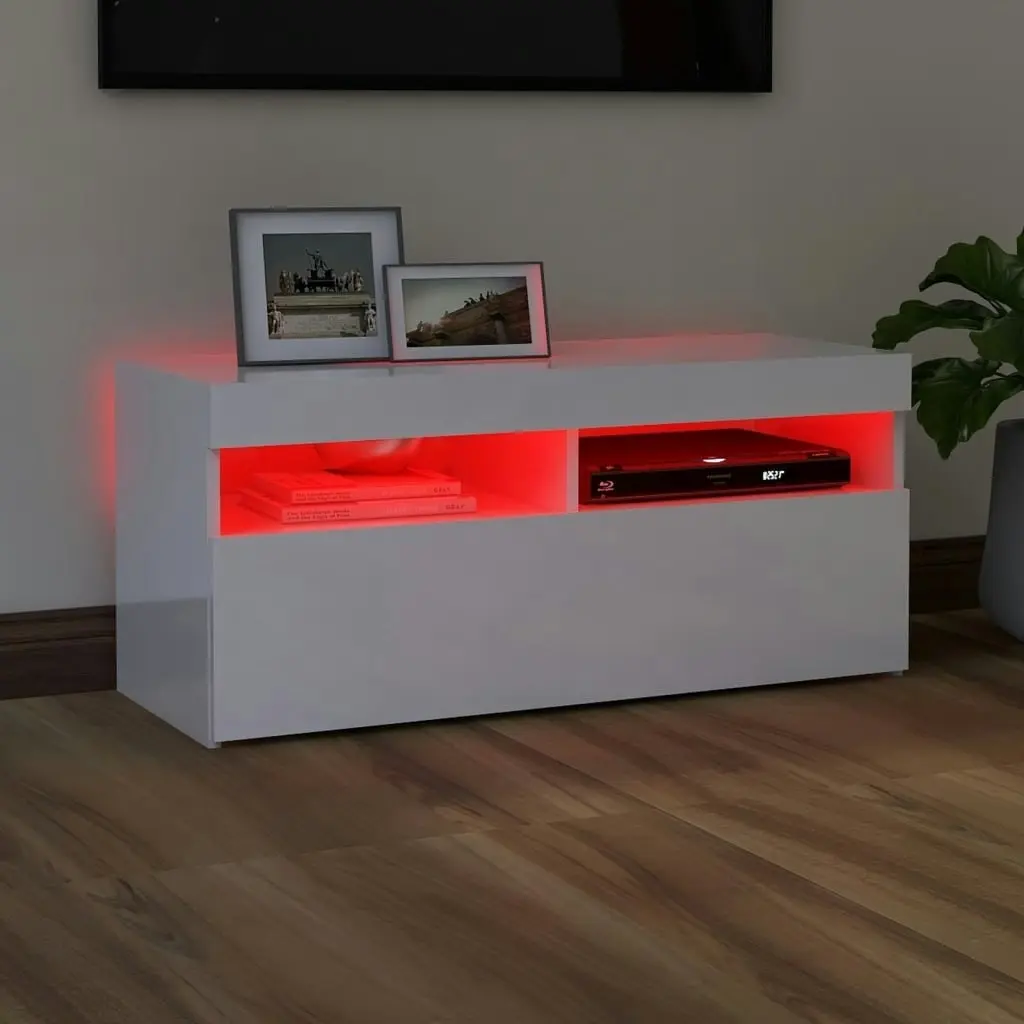 TV Cabinet with LED Lights High Gloss White 90x35x40 cm 804388