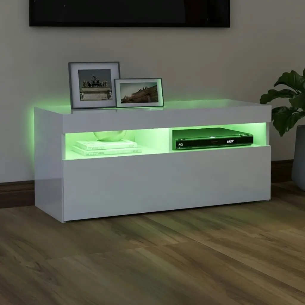 TV Cabinet with LED Lights High Gloss White 90x35x40 cm 804388