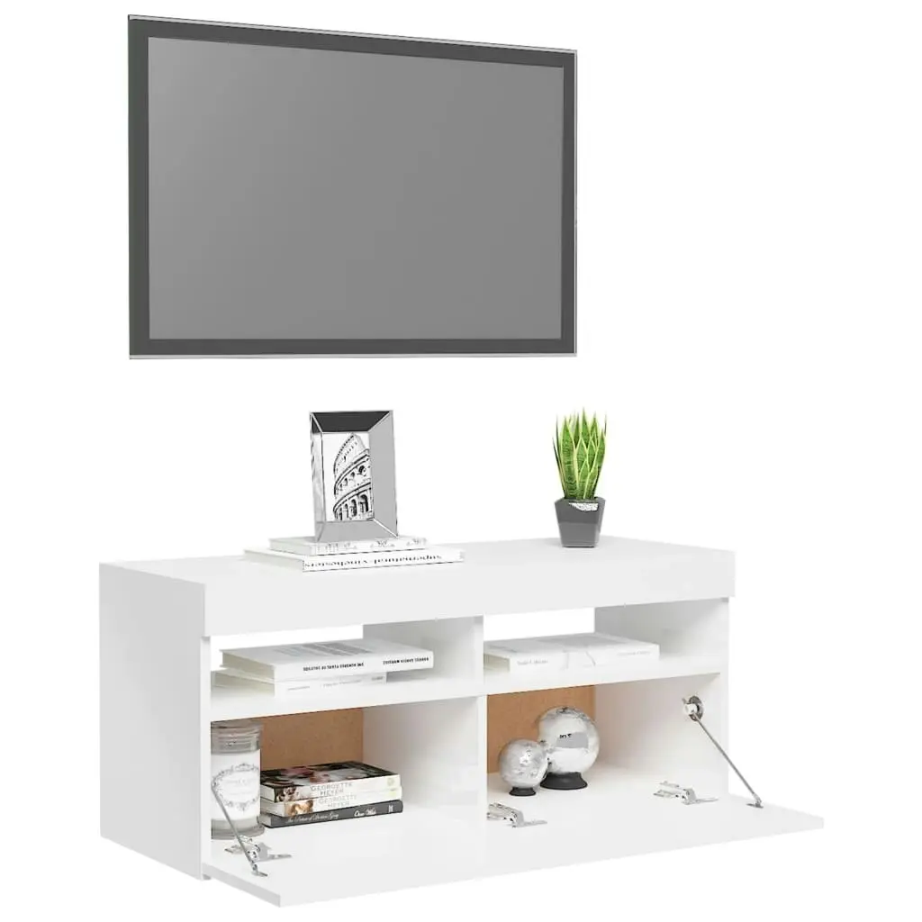 TV Cabinet with LED Lights High Gloss White 90x35x40 cm 804388