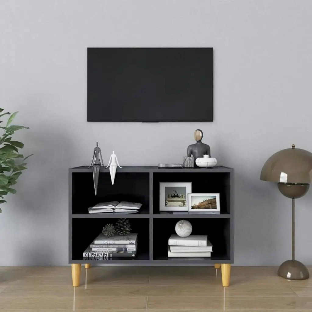 TV Cabinet with Solid Wood Legs High Gloss Grey 69.5x30x50 cm 805931