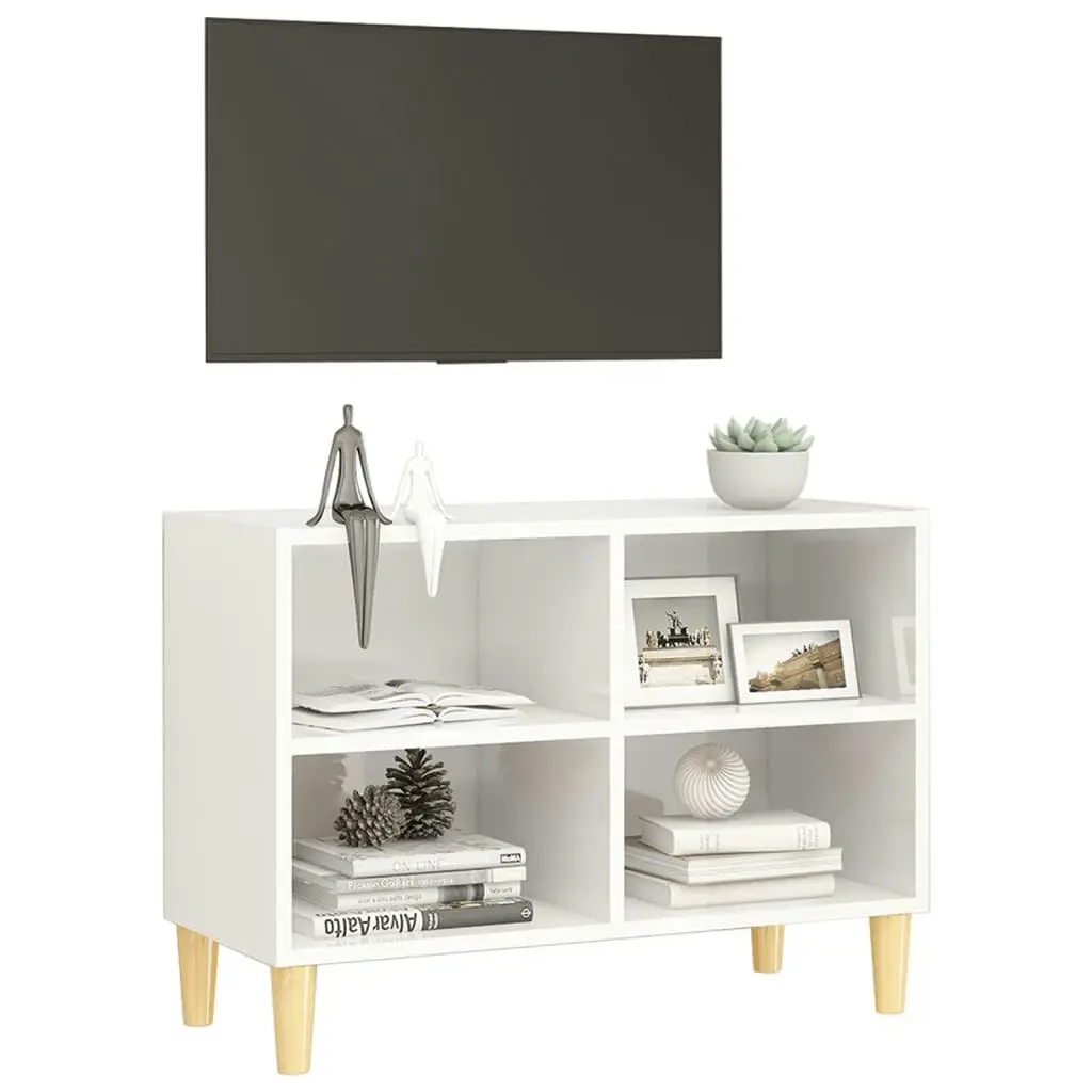 TV Cabinet with Solid Wood Legs High Gloss White 69.5x30x50 cm 805929