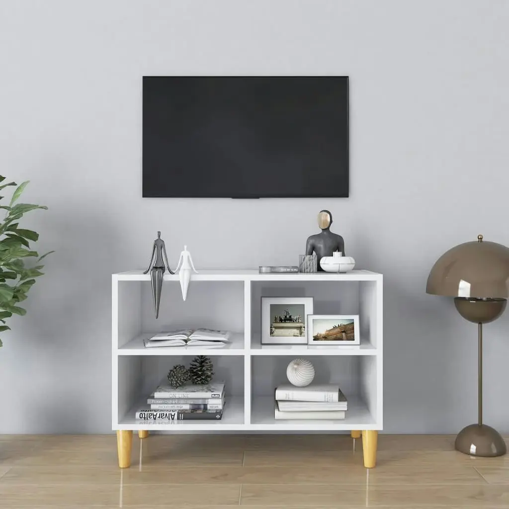 TV Cabinet with Solid Wood Legs High Gloss White 69.5x30x50 cm 805929