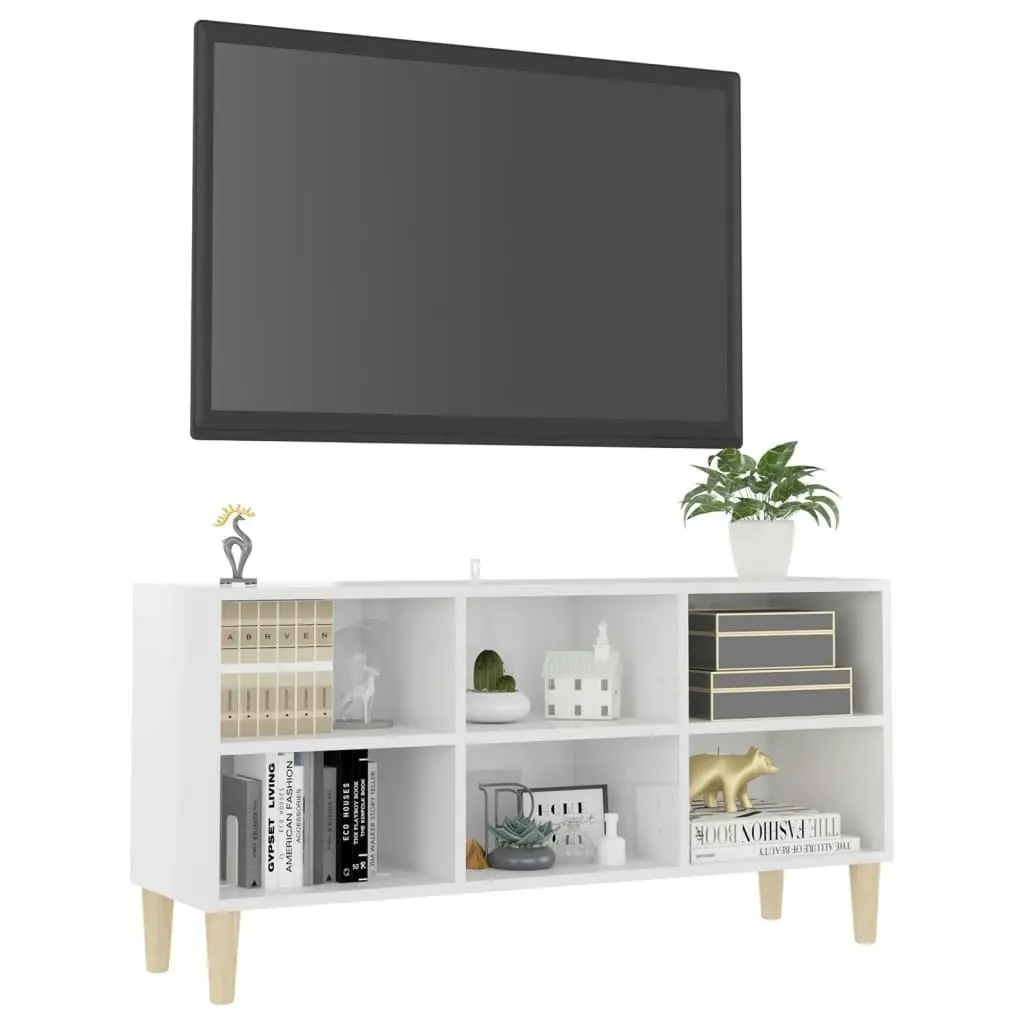 TV Cabinet with Solid Wood Legs High Gloss White 103.5x30x50 cm 805947