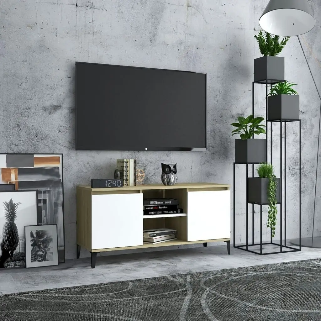 TV Cabinet with Metal Legs White and Sonoma Oak 103.5x35x50 cm 805973