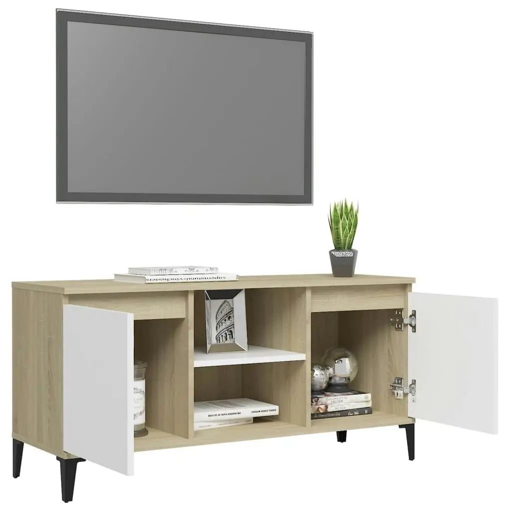 TV Cabinet with Metal Legs White and Sonoma Oak 103.5x35x50 cm 805973