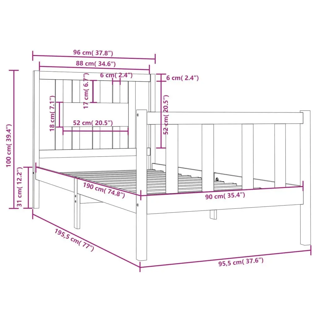 Bed Frame without Mattress Black 90x190 cm Solid Wood 3104097